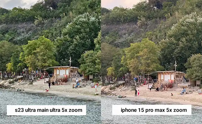 مقایسه زوم دوربین: سمت چپ: اس ۲۳ اولترا – سمت راست: آیفون ۱۵ پرومکس