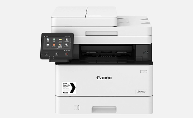 در این عکس یک پرینتر چندکاره لیزری کانن مدل i-sensys mf443dw از نمای روبرو نمایش داده شده است.