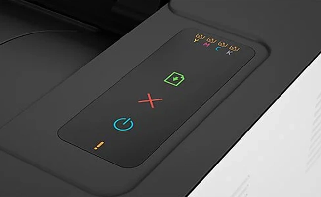 در این عکس پنل پرینتر لیزری اچ پی (hp) مدل laser 107w نمایش داده شده است.