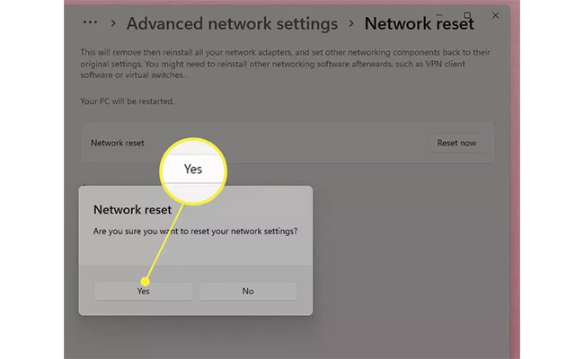 تصویر پنجره تایید network reset‌ در ویندوز 11