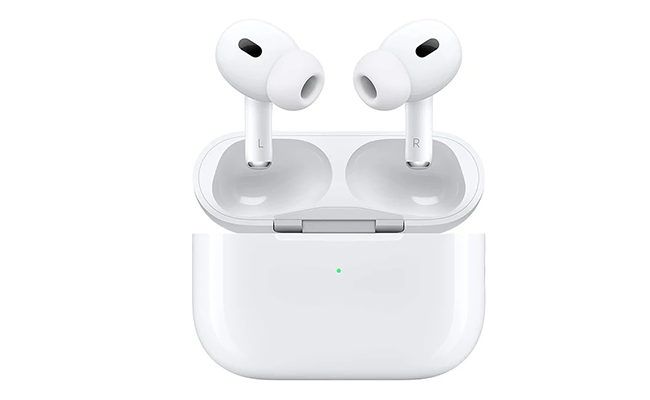 در این عکس یک ست هندزفری AirPods Pro 2nd gen USB‑C اپل بی سیم با کیس نمایش داده شده است.