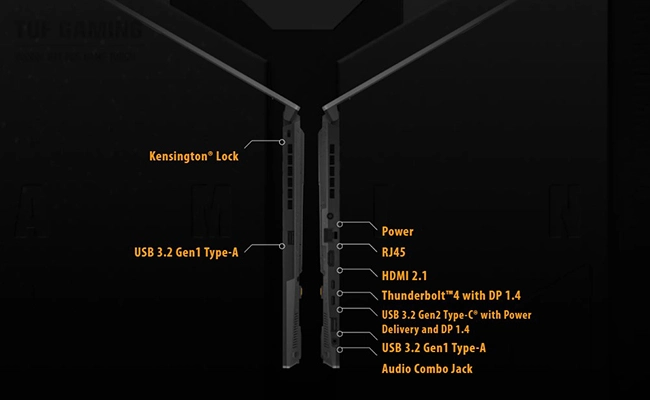 در این عکس محل قرارگیری پورت‌های Asus TUF Gaming F17 FX707VI-HX036  نمایش داده شده است.