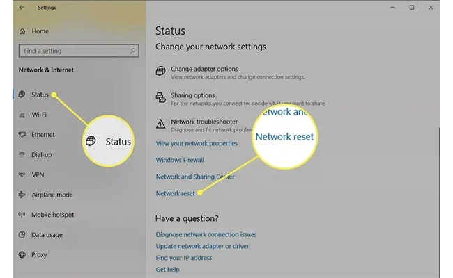 تصویر منوی status‌ و لینک network reset در ویندوز 10