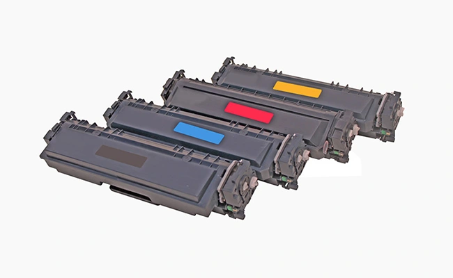 در این عکس کارتریج‌های پرینتر m452nw در چهار رنگ نمایش داده شده است.