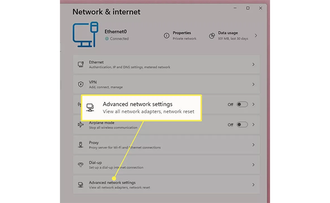 تصویر پنجره Advanced network settings در ویندوز 11