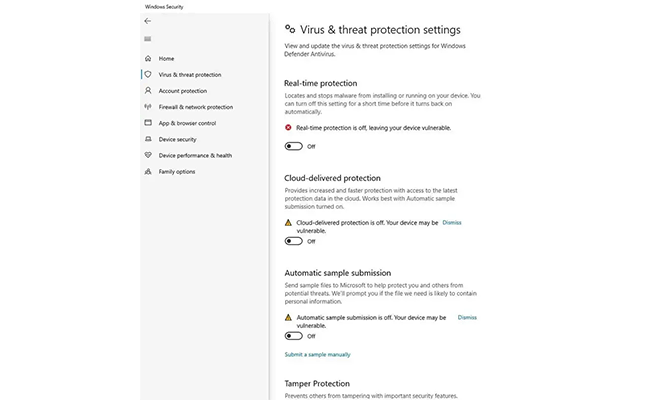 تصویر Virus & threat protection setting در ویندوز 10