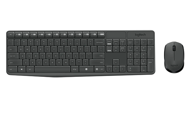 در این عکس یک ست کیبورد و ماوس MK235 لاجیتک بی سیم نمایش داده شده است.