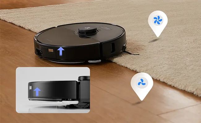 در این عکس یک جارو رباتیک شیائومی مدل Roborock S8 Max Ultra بر روی سطح ناهموار نمایش داده شده است.