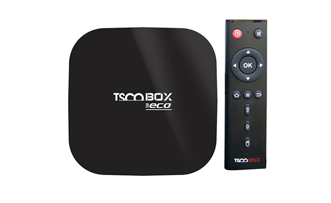 در این عکس یک اندروید باکس tsco tab eco 4k + ریموت کنترل نمایش داده شده است.