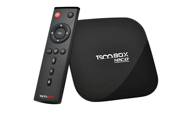 در این عکس یک اندروید باکس TAB ECO 4K تسکو و ریموت کنترل آن نمایش داده شده است.
