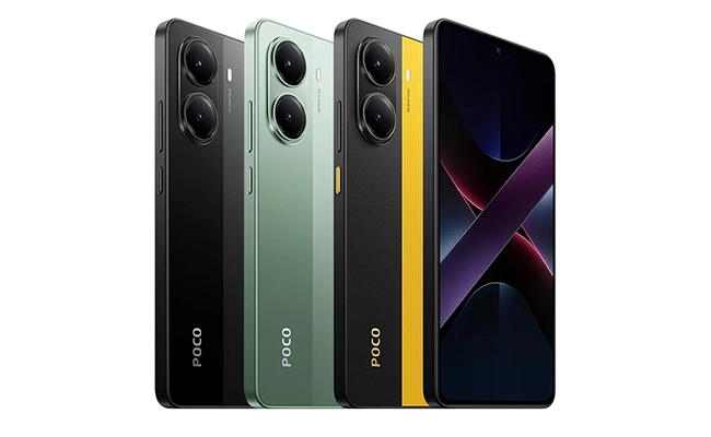 در این عکس گوشی موبایل شیائومی Poco X7 Pro در رنگ‌های مختلف نمایش داده شده است.