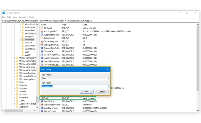 بررسی explorer.exe در بخش Value data