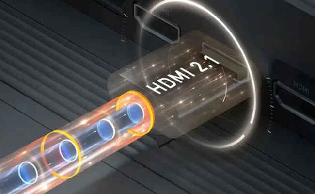 در این عکس سرعت بالای حرکت اطلاعات در پورت HDMI 2.1 تلویزیون TCL مدل C645 به صورت شماتیک نمایش داده شده است.