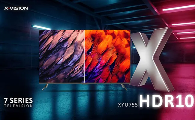 این تصویر یک عکس تبلیغاتی درباره قابلیت HDR10 در تلویزیون ایکس ویژن XYU755 است.