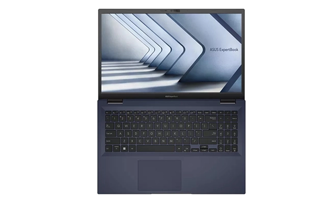 در این عکس لپ تاپ ExpertBook B1 B1502CVA-I716512B0D asus i7 16GB ا ۱۵.۶ اینچی به صورت کاملا باز نمایش داده شده است.