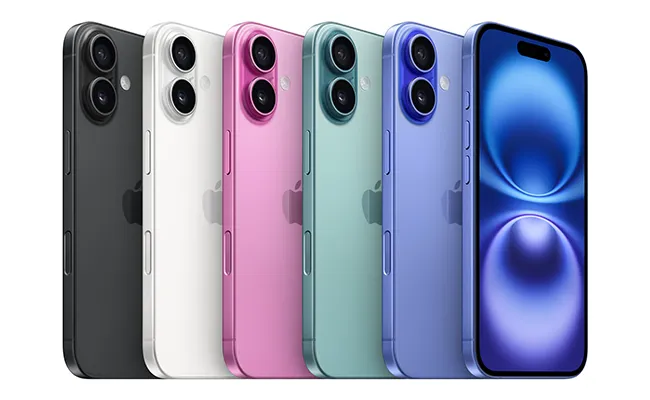 در این عکس تصویری از گوشی موبایل iPhone 16 ظرفیت 128 گیگابایت رم 8 گیگابایت در رنگ‌های مختلف نمایش داده شده است.