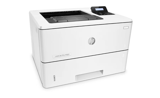 در این عکس یک پرینتر لیزری M501dn اچ پی نمایش داده شده است.