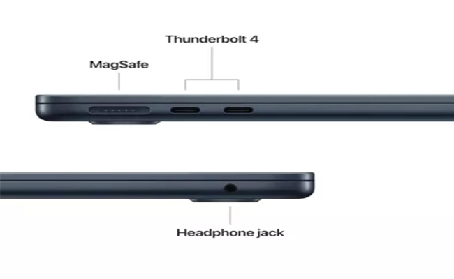 لپ&zwnj;تاپ Apple MacBook Air MW133 مدل ۲۰۲۵ با نمایش پورت&zwnj;های USB-C و درگاه شارژ MagSafe