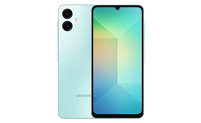 در این عکس یک گوشی موبایل سامسونگ Galaxy A06 ظرفیت 64 گیگابایت رم 4 گیگابایت در از پشت و جلو نمایش داده شده است.