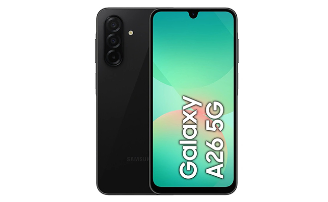 در این عکس نمای پشت و جلوی گوشی موبایل سامسونگ Galaxy A26 ظرفیت 256 گیگابایت رم 8 گیگابایت نمایش داده شده است.